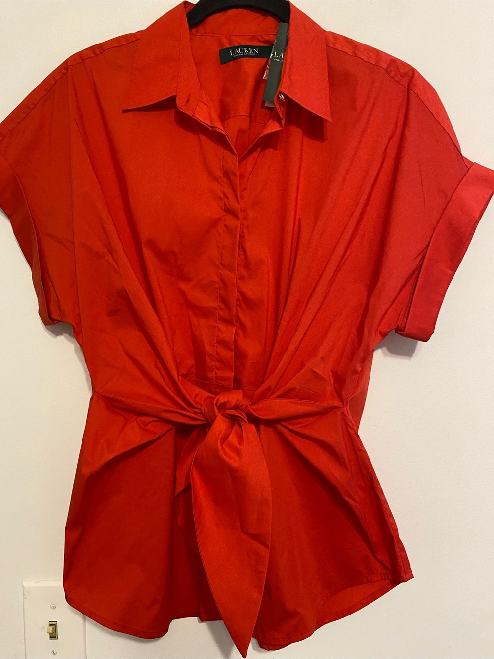 Lauren Ralph Lauren Bright Red Tie-Front Short Sleeve Button-Down Shirt
